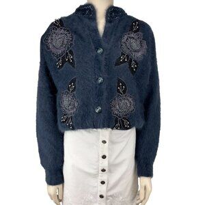 VINTAGE Incredible Angora Fluffy Embellished Floral Beaded Grandma Cardigan S-M